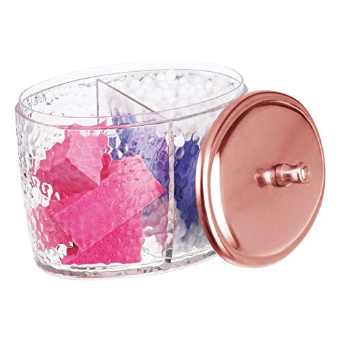 mDesign Algodonero con tapa – Práctico frasco transparente para discos de algodón con 2 compartimentos – Elegante frasco de plástico y metal para bolas de algodón – transparente y dorado rojizo