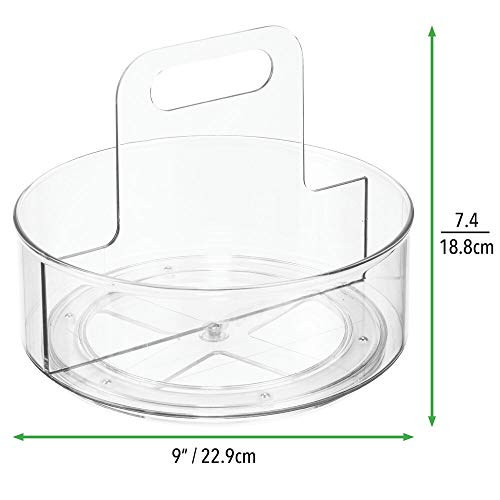 mDesign Base giratoria para cosméticos con asa – Elegante organizador de maquillaje con 2 compartimentos para cosmética, cremas y medicinas – Plataforma giratoria redonda para el baño – transparente