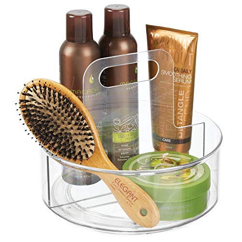 mDesign Base giratoria para cosméticos con asa – Elegante organizador de maquillaje con 2 compartimentos para cosmética, cremas y medicinas – Plataforma giratoria redonda para el baño – transparente