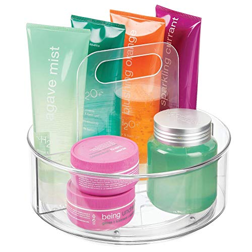 mDesign Base giratoria para cosméticos con asa – Elegante organizador de maquillaje con 2 compartimentos para cosmética, cremas y medicinas – Plataforma giratoria redonda para el baño – transparente
