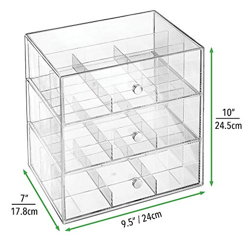 mDesign Caja de almacenaje – Práctica caja clasificadora con 3 cajones para gomas de pelo, pasadores, horquillas, etc. – Cajonera de plástico con 27 compartimentos – transparente