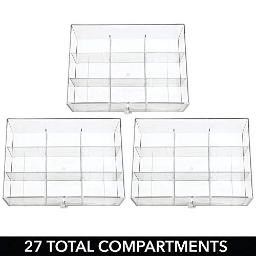 mDesign Caja de almacenaje – Práctica caja clasificadora con 3 cajones para gomas de pelo, pasadores, horquillas, etc. – Cajonera de plástico con 27 compartimentos – transparente