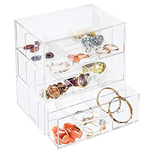 mDesign Caja de almacenaje – Práctica caja clasificadora con 3 cajones para gomas de pelo, pasadores, horquillas, etc. – Cajonera de plástico con 27 compartimentos – transparente