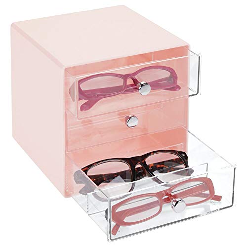 mDesign Cajas para gafas de sol – Cajoneras de plástico con 3 compartimentos – Organizador de armarios para guardar todo tipo de gafas – transparente y rosa claro