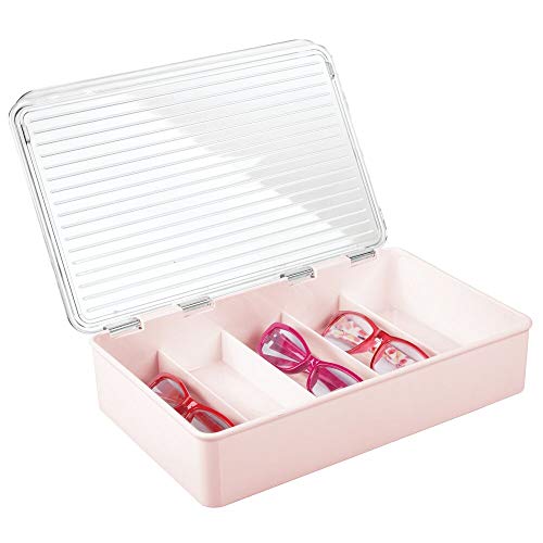 mDesign Cajas para gafas de sol – Clasificador de plástico con 5 compartimentos – Organizador de armarios para guardar todo tipo de gafas – rosa claro y transparente