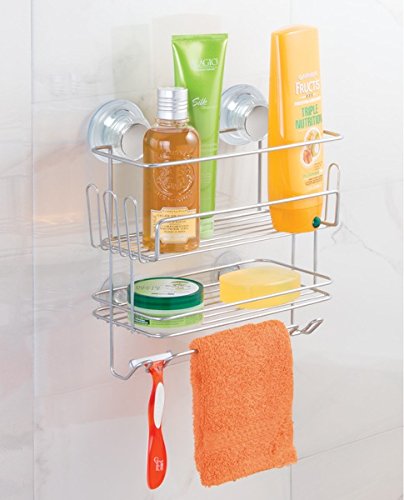 mDesign Estantería Colgante Doble para Ducha – Repisa de baño fijado por succión sin taladrar – Estante para baño con ventosas fijadoras y Ganchos para Guardar y Colgar – Color Plateado