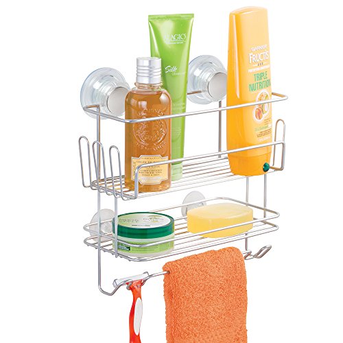 mDesign Estantería Colgante Doble para Ducha – Repisa de baño fijado por succión sin taladrar – Estante para baño con ventosas fijadoras y Ganchos para Guardar y Colgar – Color Plateado