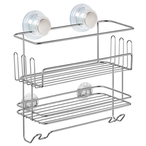 mDesign Estantería Colgante Doble para Ducha – Repisa de baño fijado por succión sin taladrar – Estante para baño con ventosas fijadoras y Ganchos para Guardar y Colgar – Color Plateado