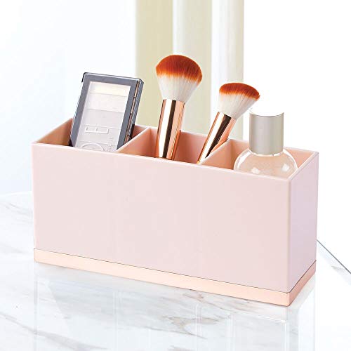 mDesign Gran Organizador de Maquillaje con 3 Compartimentos – Práctica Caja clasificadora para cosméticos – Caja de Maquillaje de plástico con Forma Cuadrada – Rosa/Dorado Rosado