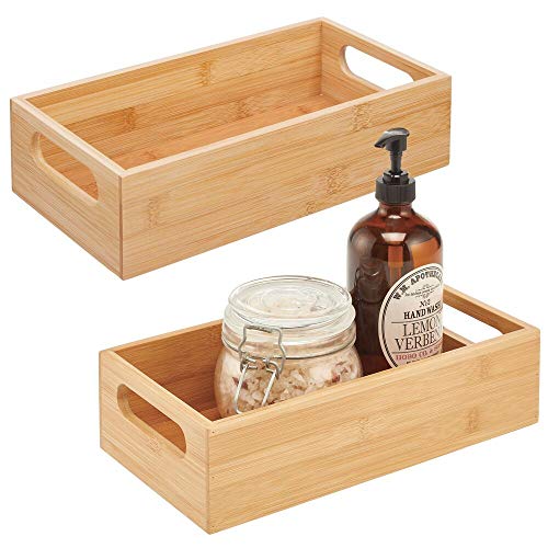mDesign Juego de 2 cajas de bambú con asas – Cesta guardatodo de madera para almacenaje – Para champú, cremas y otros cosméticos – Cajón organizador de baño abierto de madera de bambú – color natural