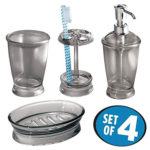 mDesign Juego de 4 Accesorios de baño en plástico – Set de baño con dosificador de jabón, jabonera, Porta cepillos de Dientes y Vaso para higiene bucal – para Lavabo y tocador – Gris Humo