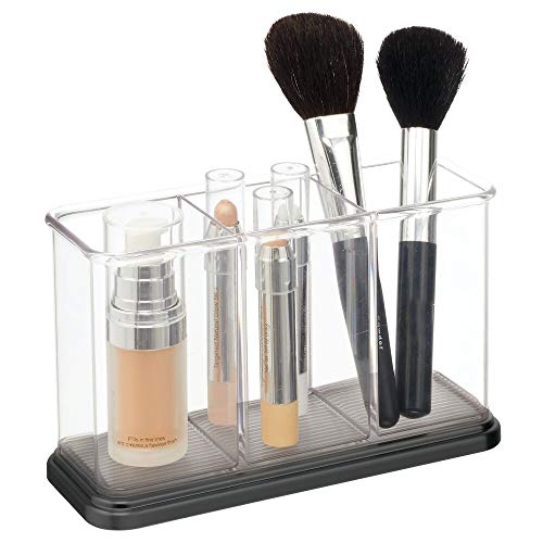 mDesign Práctico organizador de maquillaje – Decorativa caja para guardar cosméticos como esmaltes de uñas o polveras – Expositor de maquillaje con 3 compartimentos – transparente y negro