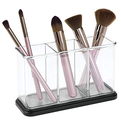 mDesign Práctico organizador de maquillaje – Decorativa caja para guardar cosméticos como esmaltes de uñas o polveras – Expositor de maquillaje con 3 compartimentos – transparente y negro