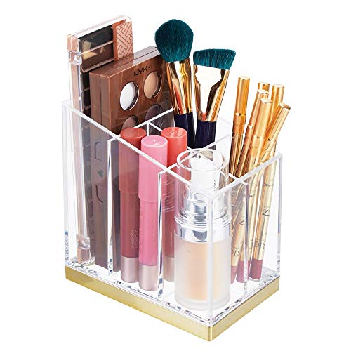 mDesign Práctico organizador de maquillaje – Decorativa caja para guardar cosméticos como esmaltes de uñas o polveras – Expositor de maquillaje con 5 compartimentos – transparente/dorado latón