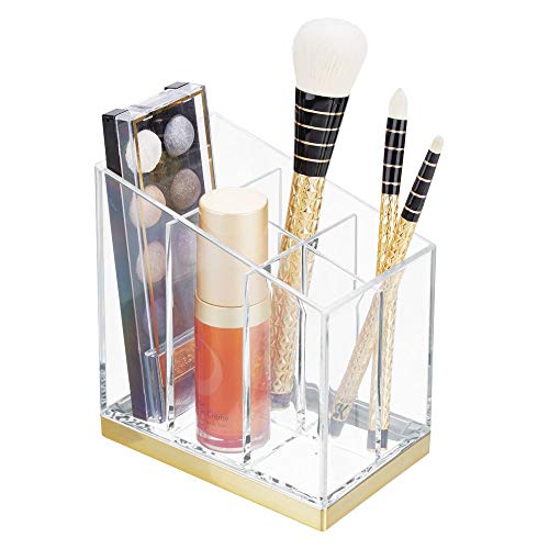 mDesign Práctico organizador de maquillaje – Decorativa caja para guardar cosméticos como esmaltes de uñas o polveras – Expositor de maquillaje con 5 compartimentos – transparente/dorado latón