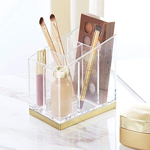 mDesign Práctico organizador de maquillaje – Decorativa caja para guardar cosméticos como esmaltes de uñas o polveras – Expositor de maquillaje con 5 compartimentos – transparente/dorado latón