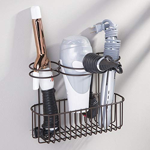 mDesign Soporte de pared para secador de pelo – Práctico estante de baño con 3 divisiones para utensilios de peluquería – Organizador de baño para secador, plancha o rizador – color bronce