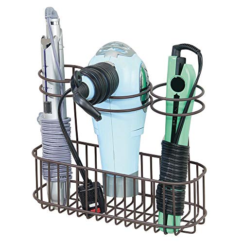 mDesign Soporte de pared para secador de pelo – Práctico estante de baño con 3 divisiones para utensilios de peluquería – Organizador de baño para secador, plancha o rizador – color bronce