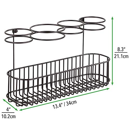 mDesign Soporte de pared para secador de pelo – Práctico estante de baño con 4 divisiones para utensilios de peluquería y 1 cesta – Organizador de baño para secador, plancha o rizador – color bronce