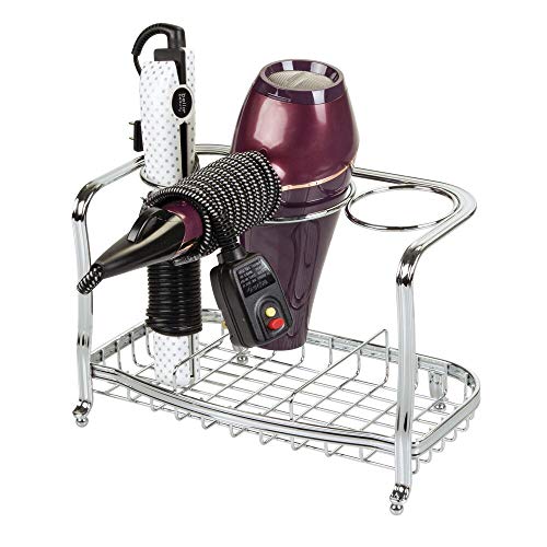 mDesign Soporte para secador de pelo de pie y sin taladro – Soporte para plancha de pelo, secador, cepillos y otros productos de peluquería – Cesta de rejilla de metal para el baño – plateado