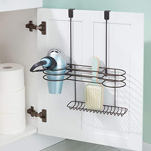 mDesign Soporte para secador de pelo sin taladro – Sencillo colgador de puerta con 4 huecos para secadores, planchas o rizadores – Organizador de baño para utensilios de peluquería – color bronce