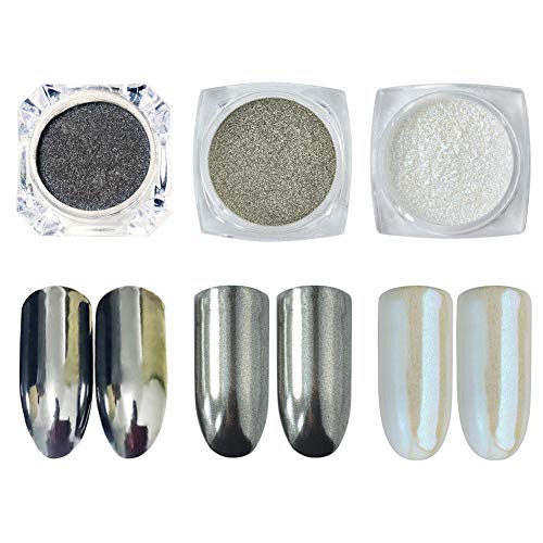 MEILINDS - 3 cajas de 1 g de polvo de uñas efecto espejo negro, perla y plata, cromo y neón, para manicura