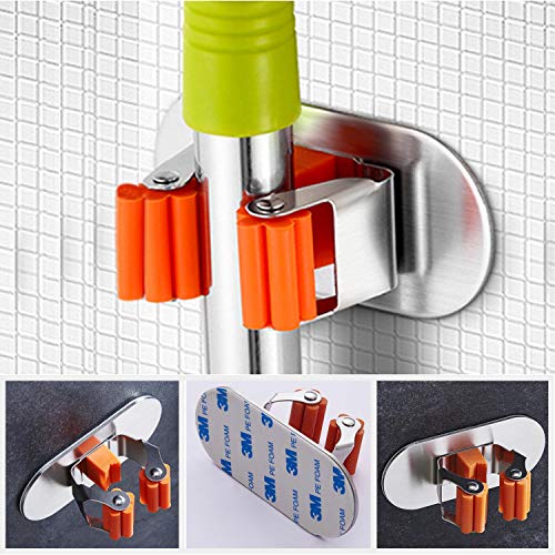 Meiyijia Organizador de pared para trapeadores escobas,Colgador Escobas Autoadhesivo,304 Acero inoxidable nunca se oxida,4 Piezas