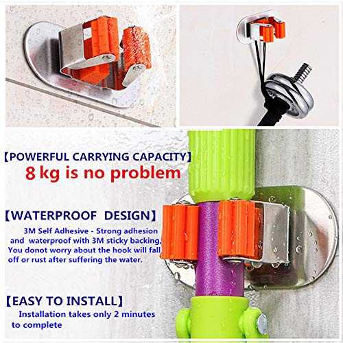 Meiyijia Organizador de pared para trapeadores escobas,Colgador Escobas Autoadhesivo,304 Acero inoxidable nunca se oxida,4 Piezas