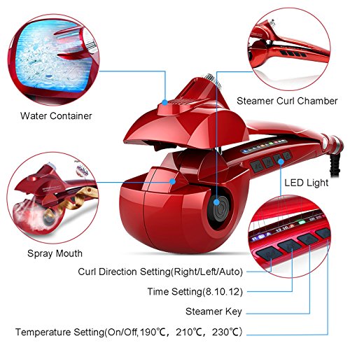 MENQANG Rizador Automático, Rizador Vapor Cerámico con tres temperaturas y tres direcciones de rizado, nutre el cabello y crea rizos perfectos, adecuados para todo el cabello. (Rojo)