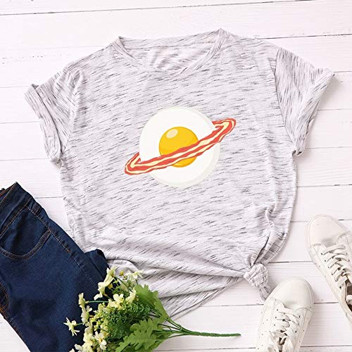 MIALIFEX 100% algodón más el tamaño de las mujeres camisetas gráficas Camisetas femeninas Camisetas de verano poached huevo tocino planeta impreso divertido camiseta