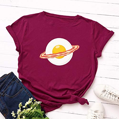 MIALIFEX 100% algodón más el tamaño de las mujeres camisetas gráficas Camisetas femeninas Camisetas de verano poached huevo tocino planeta impreso divertido camiseta