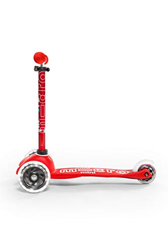 Micro® Mini Deluxe LED, Original Design, 2-5 Años, Peso 1,95kg, Carga Máx. 50Kg, Altura 48-68 cm, Patinete 3 Ruedas con iluminación LED, Rodamientos ABEC9, Plataforma Antideslizante. (Rojo)