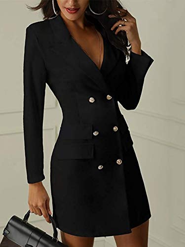 Minetom Mujer Blazer Manga Larga Chaqueta del Traje Mini Vestido Oficina Negocios Parte OL Cuello en V Botón Chaqueta Abrigo Negro ES 42