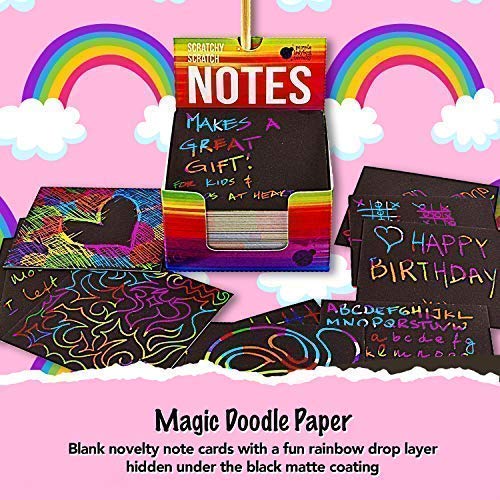 Mini Bloc de Notas Mágico con Hojas de Rascar de Purple Ladybug - 150 Cartulinas Negras Rascables para Dibujar con Niños, Manualidades, Escribir Listas - Incluye 2 Lápices, Fondo Arcoiris