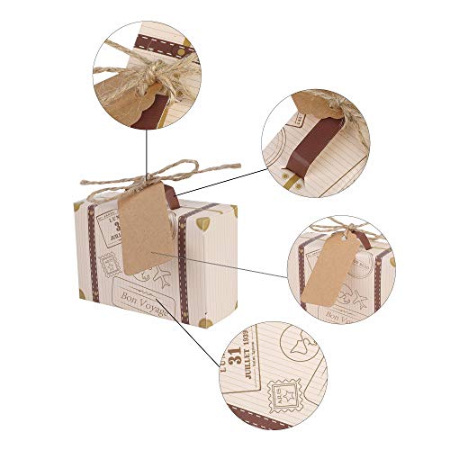 Mini maleta 50 piezas boda Favor caja con cordel de yute de tarjeta de papel Kraft y Candy caja para fiesta de cumpleaños bebé ducha boda Décor