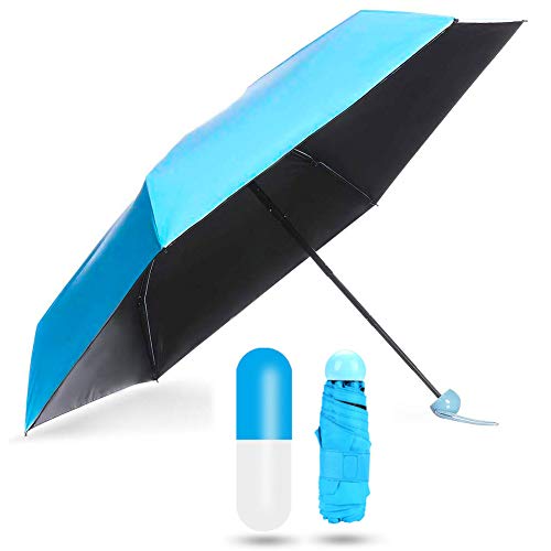 Mini Paraguas Plegable -WENTS Paraguas de Viaje 210T Paraguas Portátil en Forma Cápsula Ligero Compacto Plegable Doble Capa Bloqueador Solar Protección UV UPF 50+ Resistente la Lluvia Azul Cielo