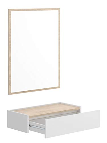 Miroytengo Mueble recibidor 1 cajón + Espejo a Juego Ott Pared Pasillo Entrada Color Madera y Blanco 63x33 cm