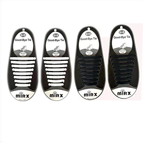 MIRX Cordones elásticos planos del zapato del silicón, ningunos lazos impermeables del cordón para los cabritos y los adultos (Negro + Blanco)