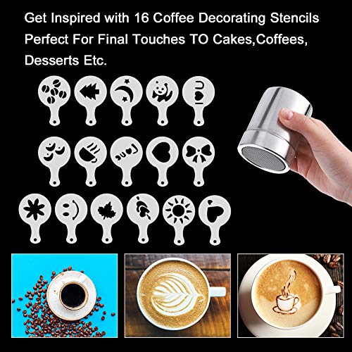 Miuse - Juego de 2 cocteleras de chocolate, acero inoxidable para glaseado de azúcar en polvo de cacao y capuchino con 16 plantillas de café y 1 pin de extracción de arte de café