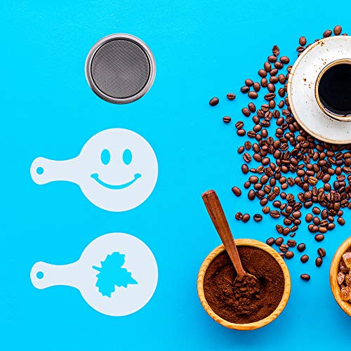 Miuse - Juego de 2 cocteleras de chocolate, acero inoxidable para glaseado de azúcar en polvo de cacao y capuchino con 16 plantillas de café y 1 pin de extracción de arte de café