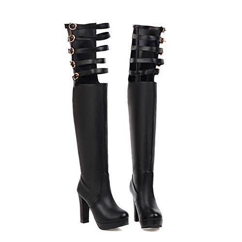 MKXF Botas de tacón alto botas Sexy simples talón grueso botas altas plataforma impermeable,Negro,33