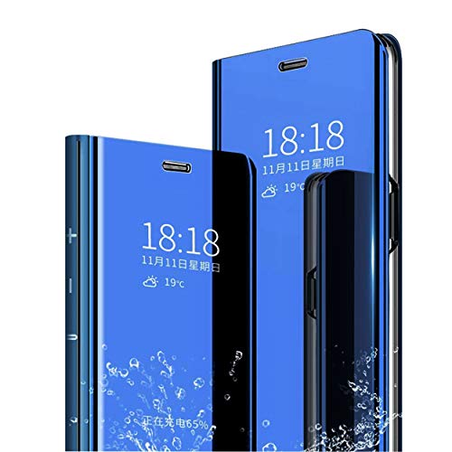 MLOTECH Funda Huawei P20 Lite,Funda Case + Cristal Templado Flip Clear View Translúcido Espejo Standing Cover Slim Fit Anti-Shock Anti-Rasguño Mirror 360°Protectora Cubierta Azul Cielo
