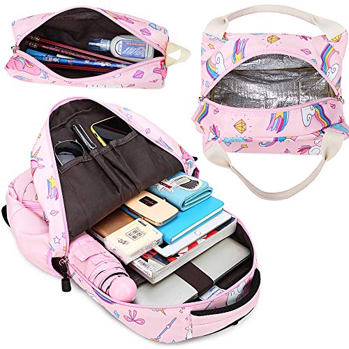 Mochila Escolar Unicornio Niña Infantil Chicas Mochila Sets de Mochila Backpack Casual Set con Bolsa del Almuerzo y Estuche de Lápices Rosa