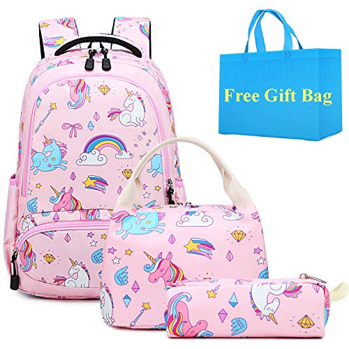 Mochila Escolar Unicornio Niña Infantil Chicas Mochila Sets de Mochila Backpack Casual Set con Bolsa del Almuerzo y Estuche de Lápices Rosa