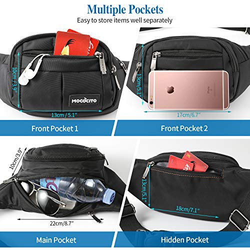 MOCOCITO Riñoneras Hombre y Mujer Impermeable con Correa Ajustable de 135 cm,Gran Capacidad para movil de 6.5´´/Llaves/Gafas/Cartera/Viajar/Correr/Moto/Bici/Acampada/Comprar[Negro]