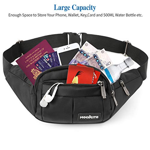 MOCOCITO Riñoneras Hombre y Mujer Impermeable con Correa Ajustable de 135 cm,Gran Capacidad para movil de 6.5´´/Llaves/Gafas/Cartera/Viajar/Correr/Moto/Bici/Acampada/Comprar[Negro]