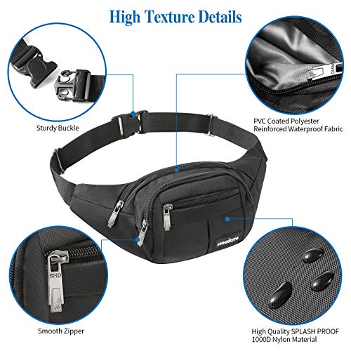 MOCOCITO Riñoneras Hombre y Mujer Impermeable con Correa Ajustable de 135 cm,Gran Capacidad para movil de 6.5´´/Llaves/Gafas/Cartera/Viajar/Correr/Moto/Bici/Acampada/Comprar[Negro]