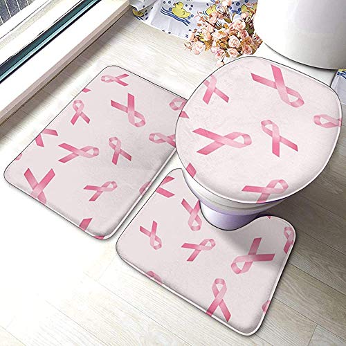 Moily Fayshow Pink Ribbon Support - Juego de tapetes para baño con repetición, diseño de cáncer de Seno, 3 Piezas, tapete para Inodoro en Forma de U, Tapa de Inodoro Alargada