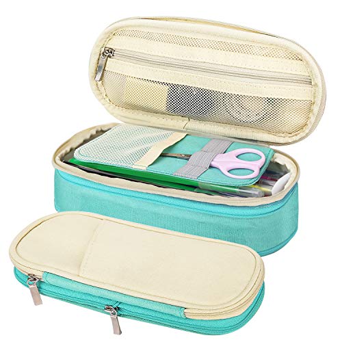 MoKo Funda para Lápices de Gran Capacidad, Caja de Almacenamiento Bolsa de Soporte de Lápiz Portable, Organizador de Papelería con Cremallera para Oficina y Escuela - Arroz Blanco + Menta Verde
