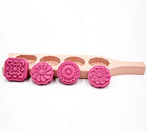 Molde de madera para tarta de mooncake de China, para pasteles de luna, primavera, galletas, jabón 4 Holes